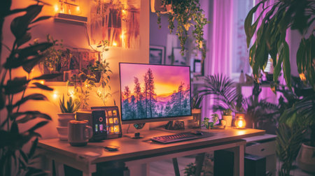 Corner desk with soft lighting, mug warmer, and calming productivity ambianceの素材