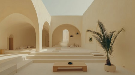 Clean white living room with a single potted plant, low table, and neutral color paletteの素材