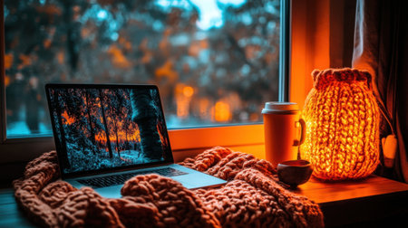 Cozy work nook with laptop, blanket, lamp, and warm beverage on side tableの素材