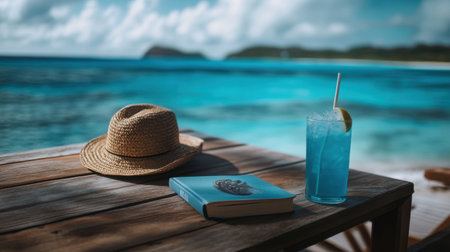 Dockside table with book, straw hat, iced drink, and ocean horizon in the backgroundの素材