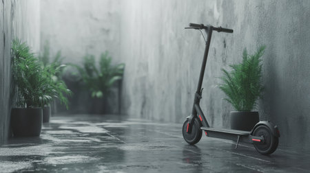Detail shot of a luxury electric scooter parked on a modern city sidewalk beside urban plantersの素材
