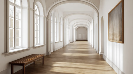 Empty hallway with white walls, wooden bench, and single piece of artの素材
