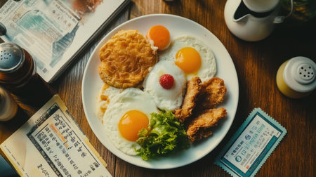 Flatlay of European-style breakfast with postcard and train ticket beside the plateの素材