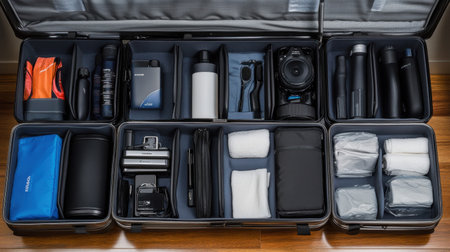 Organized suitcase interior with dividers, toiletries, and gadgetsの素材