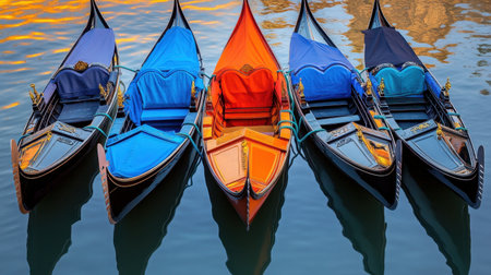 Venice Grand Canal with gondolas docked beside historic buildings in warm sunset lightの素材