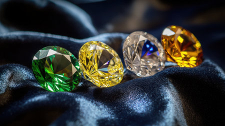 A sparkling collection of colorless and colored diamonds arranged elegantly on a luxury velvet backgroundの素材