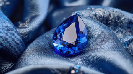 A close-up of a sparkling sapphire placed on a luxury fabric, showing its vibrant blue huesの素材