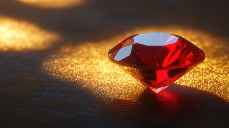 A macro view of a polished ruby reflecting light, surrounded by a subtle golden hueの素材