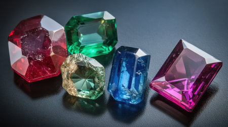 A set of ruby, sapphire, and emerald gemstones, displayed side by side to showcase their colors and clarityの素材