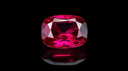 A vibrant ruby gemstone under studio lighting with clear reflections highlighting its deep red colorの素材