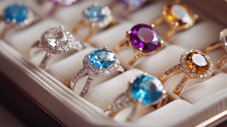 Assortment of gemstone rings with various cuts and colors arranged in a luxury jewelry boxの素材