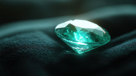 Close-up of a brilliant green emerald resting on black velvet with dramatic lighting reflecting off its sharp facetsの素材