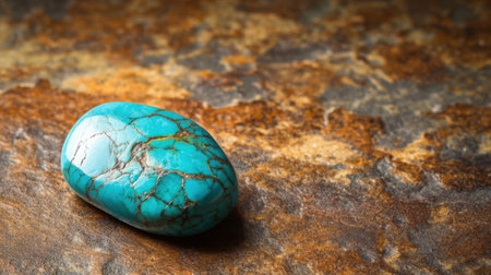 Beautiful turquoise gemstone with visible matrix veins resting on a textured stone slab in natural daylightの素材