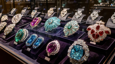 A high-end jewelry display with precious gemstones like diamonds, rubies, and sapphires on dark velvetの素材
