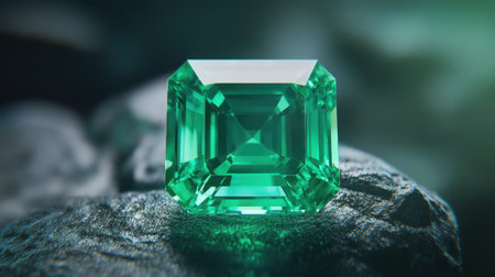 Macro shot of a flawless emerald gemstone showing its vibrant green hues and brilliant facetsの素材