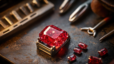 Ruby nestled in a clamp for inspection on a jewelers workbench with grading tools nearbyの素材