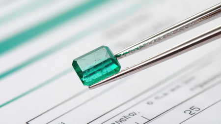 Polished emerald held in jewelers tweezers above a gem appraisal form on a clean tableの素材