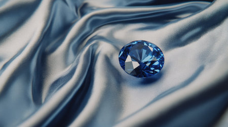 Side angle shot of a round-cut sapphire positioned on a light gray satin fabricの素材