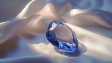 Faceted sapphire lying flat on a white satin cloth with soft natural sunlight casting a glowの素材
