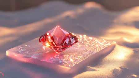 Ruby displayed on frosted glass platform, isolated in white light with a glowing red auraの素材