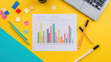 Flatlay of project planning tools laptop, Gantt chart, markers, and post-itsの素材