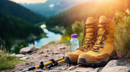 Hiking trail with boots, poles, and water bottle set beside a scenic overlookの素材