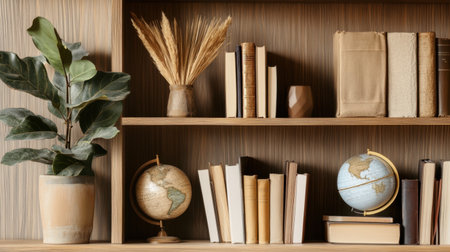 Minimalist travel shelf with souvenirs, books, and a globe in soft natural lightingの素材