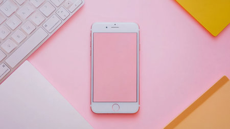 Minimalist digital workspace with phone, Bluetooth keyboard, and teen plannerの素材