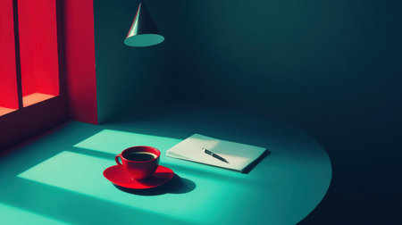 Minimalist journal setup with pen, notepad, and coffee on a plain tableの素材