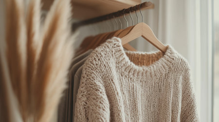 Minimal closet with just a few neutral-toned garments and wooden hangersの素材