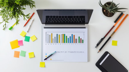 Flatlay of project planning tools laptop, Gantt chart, markers, and post-itsの素材