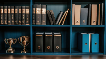 Office shelf with motivational quotes, stationery organizers, and work trophiesの素材