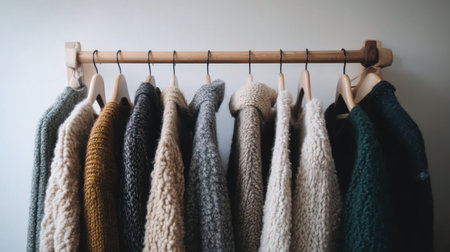 Minimal closet with just a few neutral-toned garments and wooden hangersの素材