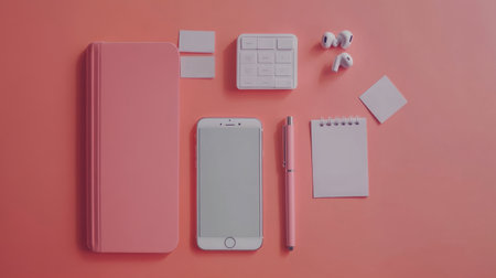 Flatlay of productivity tools planner, sticky notes, pen, phone, and wireless earbudsの素材
