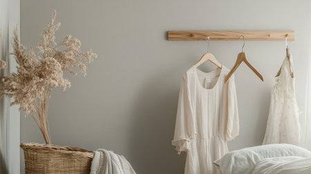 Minimal closet with just a few neutral-toned garments and wooden hangersの素材