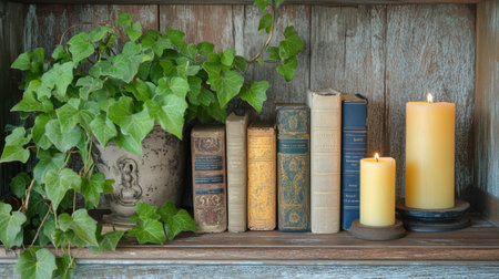 Neutral-toned shelf with curated objects books, candles, and one plantの素材