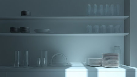 Minimalist kitchen with open shelves, glass containers, and monochrome dishwareの素材