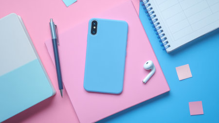 Flatlay of productivity tools planner, sticky notes, pen, phone, and wireless earbudsの素材