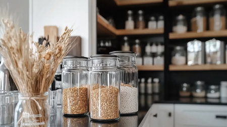 Kitchen pantry with labeled jars and clear containers arranged neatlyの素材