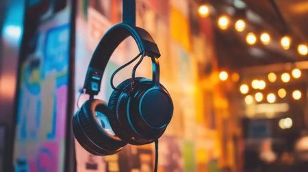 Headphones hanging from a hook next to a poster wall and LED strip lightsの素材