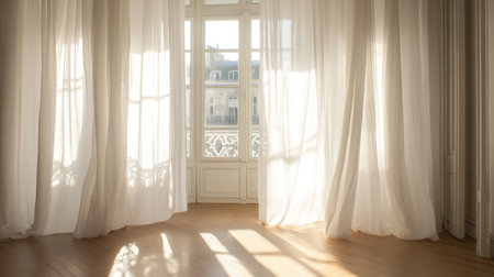 Soft light filtering through white curtains onto clean wooden floorsの素材