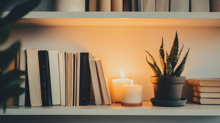 Neutral-toned shelf with curated objects books, candles, and one plantの素材