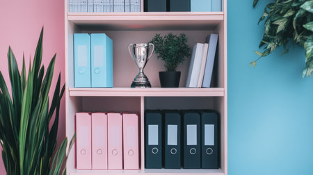 Office shelf with motivational quotes, stationery organizers, and work trophiesの素材