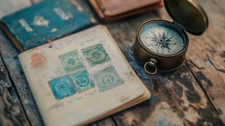 Passport stamps collection spread out next to an antique compass and notepadの素材