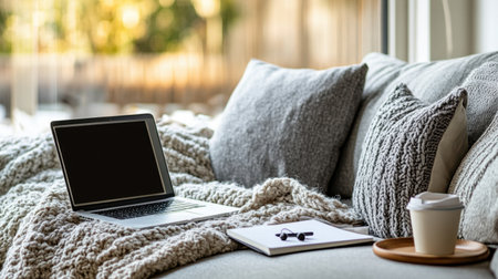 Remote work essentials on sofa throw blanket, notebook, laptop tray, and earbudsの素材