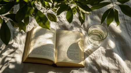 Open book on a linen bedspread beside a glass of water and natural lightの素材