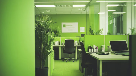 Office cubicle with motivational poster, stationery, and desk organizerの素材