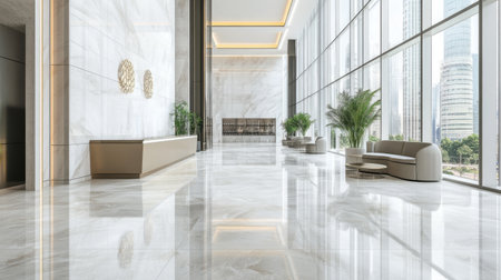 Modern high-rise building lobby with stylish furniture and large windows overlooking the cityの素材