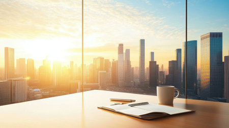 Rooftop table with journal, coffee cup, and travel guide overlooking a sunrise cityscapeの素材