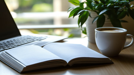 Planner with daily schedule, coffee cup, and keyboard in soft morning lightの素材